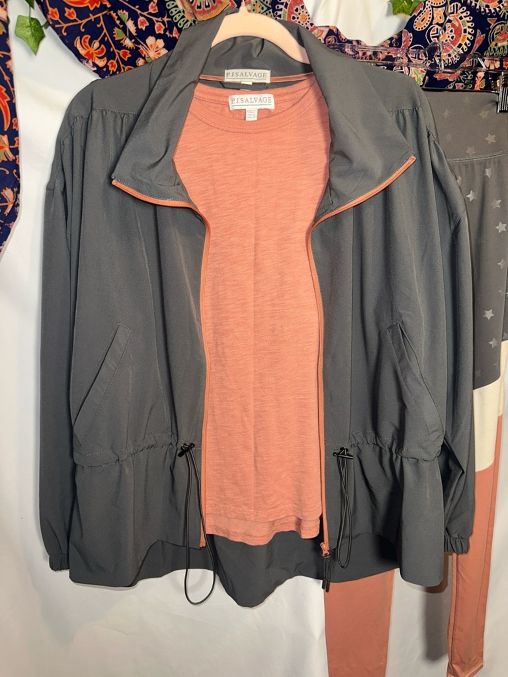 PJ Salvage 3 piece Gray Utility Jacket with Coral Trim, coral muscle tee & pants